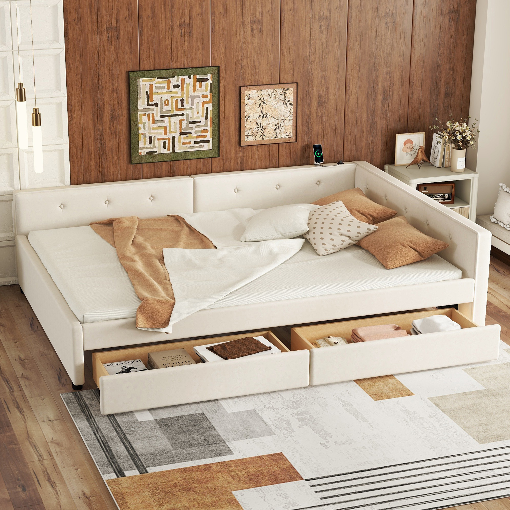 Queen Size Upholstered Platform Bed With Usb And 2 Drawers, Beige Expected Arrival Time: 6.3