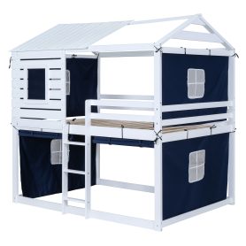 Full Size Bunk Wood House Bed with Tent