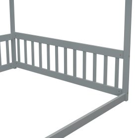 Full Size Canopy Frame Floor Bed With Fence, Guardrails