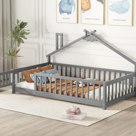 Twin House-Shaped Bedside Floor Bed with Guardrails, Slats, with Door