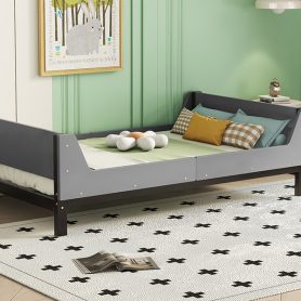 Twin Bed with Headboard, Footboard, Safeguards, Built-in Bed-end Book Storage Rack