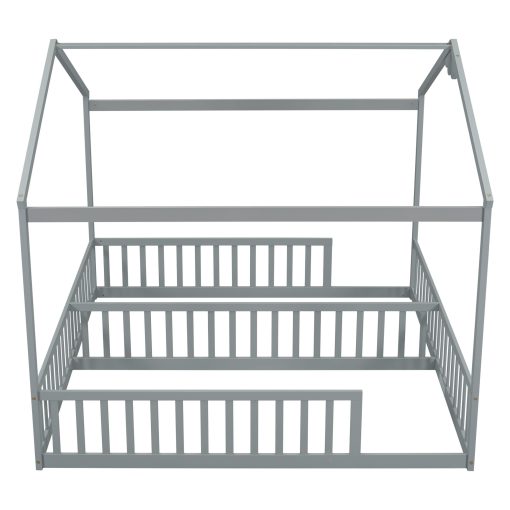 Double Twin House-style Floor Bed With Fence and Guardrails, Without Door