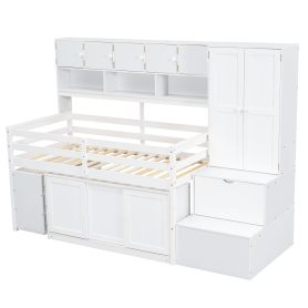 Twin Size Wooden Loft Bed Big Storage With Under-Bed Desk, Drawers and Shelves