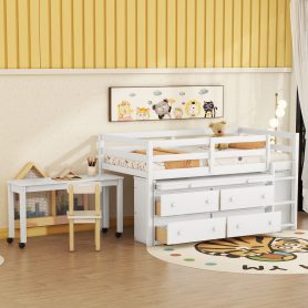 Twin Size Loft Bed with Retractable Writing Desk and 4 Drawers