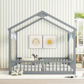 Double Twin House-style Floor Bed With Fence and Guardrails, Without Door 44 Double Twin House-Style Floor Bed With Fence, Guardrails, Without Door