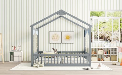 Double Twin House-style Floor Bed With Fence and Guardrails, Without Door
