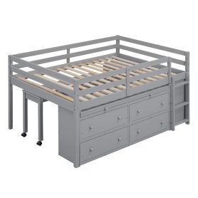 Full Size Loft Bed With Retractable Writing Desk, 4 Drawers And Shelves