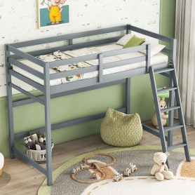 Twin Size High Loft Bed with inclined Ladder, Guardrails