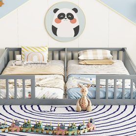 Double Twin Floor Bed With Fence, Guardrails, Without Door