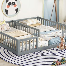 Double Twin Floor Bed With Fence, Guardrails, Without Door