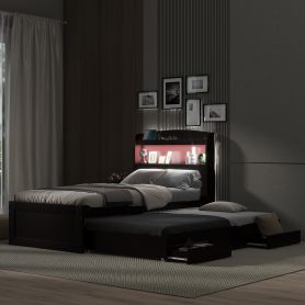 Twin XL Size Platform Bed with Storage LED Headboard, Charging Station, Twin Size Trundle and 2 Drawers