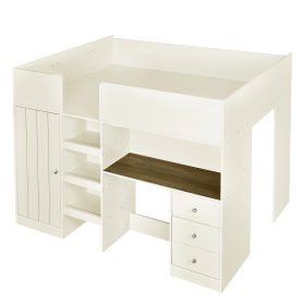 Full Size Loft Bed with Built-in Wardrobe, Desk, Storage Shelves and Drawers
