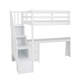Twin Size Loft Bed Frame with Built-in Desk and Double Storage Drawers