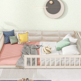 Wood Full Size Upholstered Platform Bed with Guardrail and Pillow