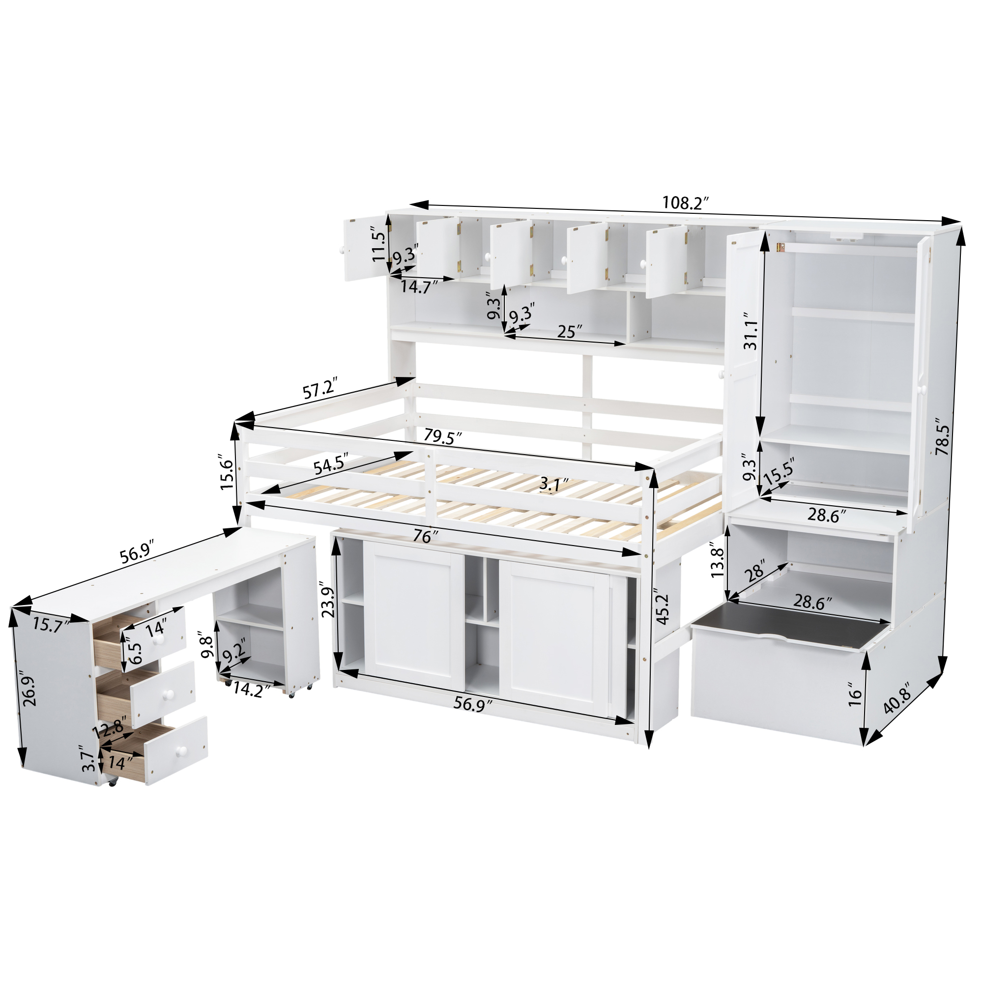 Full Size Wooden Loft Bed Big Storage With Under-Bed Desk, Drawers and Shelves 9 Full Size Wooden Loft Bed Big Storage With Under-Bed Desk, Drawers and Shelves