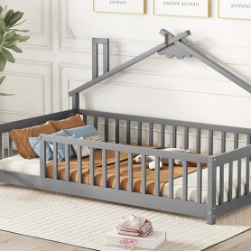 Twin House-Shaped Bedside Floor Bed with Guardrails, Slats, with Door
