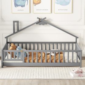 Twin House-Shaped Bedside Floor Bed with Guardrails, Slats, with Door