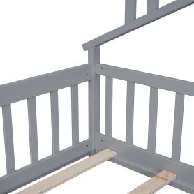 Twin House-Shaped Bedside Floor Bed with Guardrails, Slats, with Door