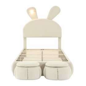 Twin Size Upholstered Platform Bed with Cartoon Ears Shaped Headboard and Light