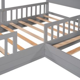 Wood House Bed Twin Size, 2 Twin Solid Bed L Structure With Fence And Slatted Frame 23 Wood House Bed Twin Size, 2 Twin Solid Bed L Structure With Fence And Slatted Frame