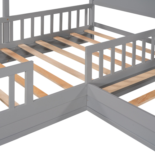 Wood House Bed Twin Size, 2 Twin Solid Bed L Structure With Fence And Slatted Frame 11 Wood House Bed Twin Size, 2 Twin Solid Bed L Structure With Fence And Slatted Frame