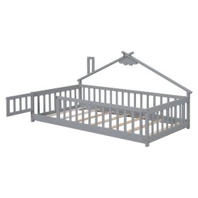 Twin House-Shaped Bedside Floor Bed with Guardrails, Slats, with Door