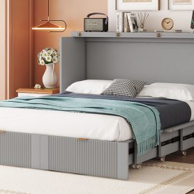 Full Size Murphy Bed with Drawer and a set of Sockets & USB Ports, Pulley Structure Design