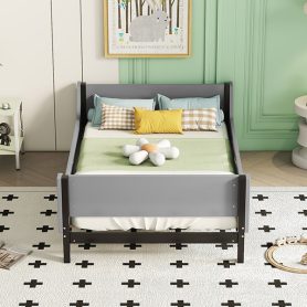 Twin Bed with Headboard, Footboard, Safeguards, Built-in Bed-end Book Storage Rack