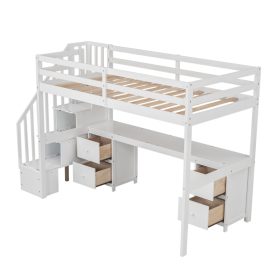Twin Size Loft Bed Frame with Built-in Desk and Double Storage Drawers