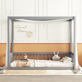 Twin Size Canopy Frame Floor Bed with Fence, Guardrails