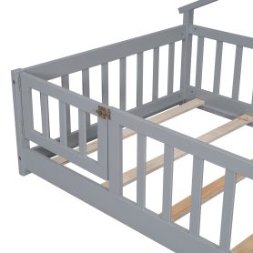 Twin House-Shaped Bedside Floor Bed with Guardrails, Slats, with Door