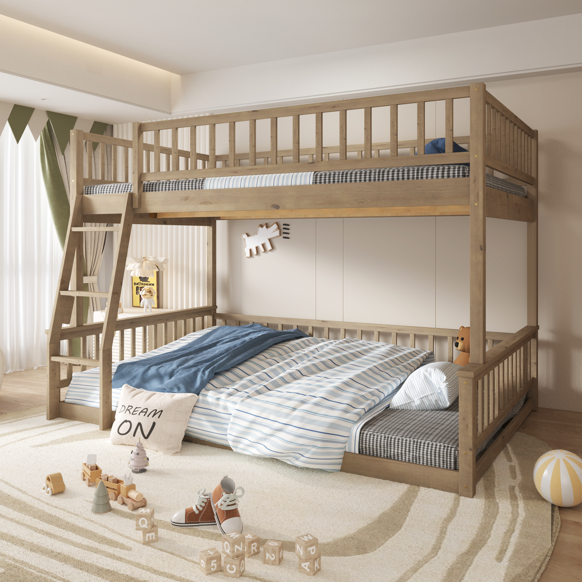 Full XL over Queen Bunk Bed with Ladder and Guardrail