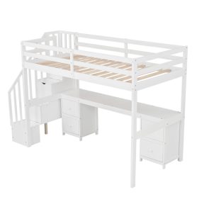 Twin Size Loft Bed Frame with Built-in Desk and Double Storage Drawers