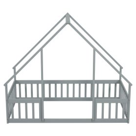Twin Wood House-shaped Floor Bed With Fence, Guardrails