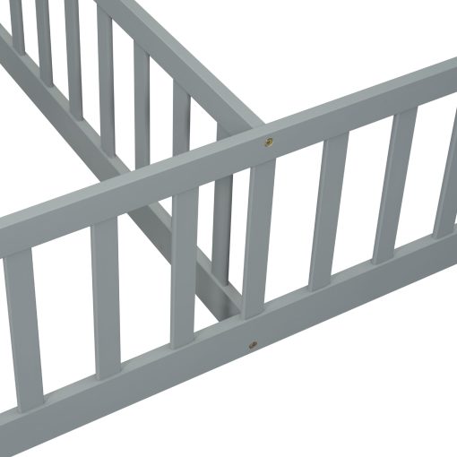 Double Twin House-style Floor Bed With Fence and Guardrails, Without Door