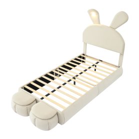 Twin Size Upholstered Platform Bed with Cartoon Ears Shaped Headboard and Light