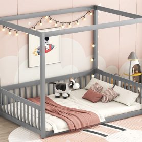 Full Size Canopy Frame Floor Bed With Fence, Guardrails