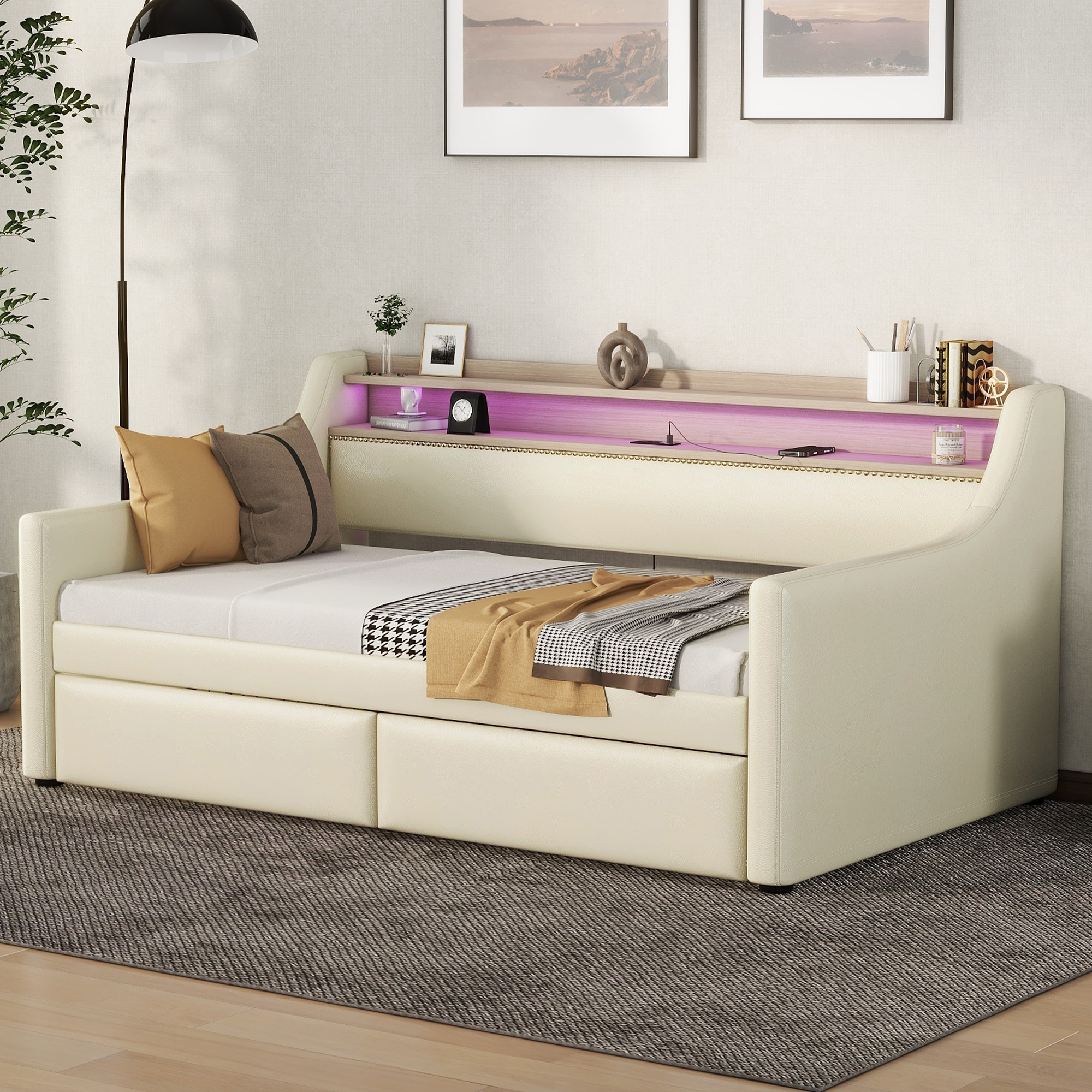 Twin Size Daybed with Drawers, Charging Station and LED Lights