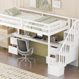 Twin Size Loft Bed Frame with Built-in Desk and Double Storage Drawers