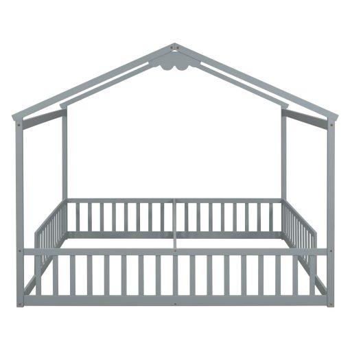 Double Twin House-style Floor Bed With Fence and Guardrails, Without Door