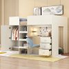 Full Size Loft Bed with Built-in Wardrobe, Desk, Storage Shelves and Drawers