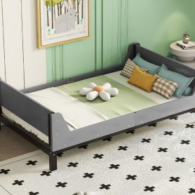 Twin Bed with Headboard, Footboard, Safeguards, Built-in Bed-end Book Storage Rack