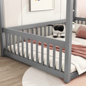 Full Size Canopy Frame Floor Bed With Fence, Guardrails