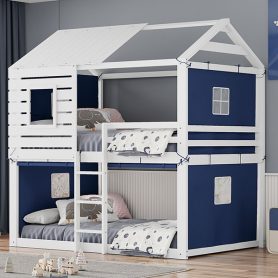 Full Size Bunk Wood House Bed with Tent