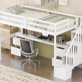 Twin Size Loft Bed Frame with Built-in Desk and Double Storage Drawers
