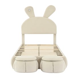 Twin Size Upholstered Platform Bed with Cartoon Ears Shaped Headboard and Light
