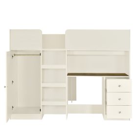Full Size Loft Bed with Built-in Wardrobe, Desk, Storage Shelves and Drawers