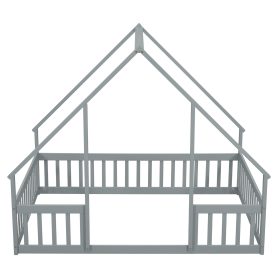 Full Wood House-shaped Floor Bed With Fence, Guardrails
