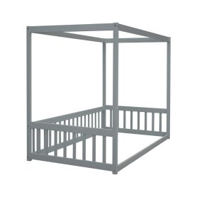 Twin Size Canopy Frame Floor Bed with Fence, Guardrails