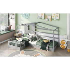 Wood House Bed Twin Size, 2 Twin Solid Bed L Structure With Fence And Slatted Frame 27 Wood House Bed Twin Size, 2 Twin Solid Bed L Structure With Fence And Slatted Frame